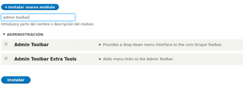 instalación del módulo admin toolbar