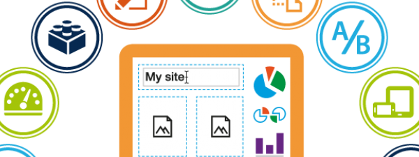 pantalla de un ordenado construyendo un sitio web junto a iconos de distintas funcionalidades