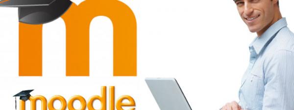 logotipo de moodle junto a una persona con un ordenador portatil