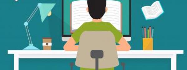 imagen animada de una persona sentada en un ordenados mientras que por el aire se ven como se incorpora al ordenador libros, mapas, etc.