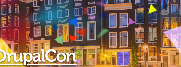 una imagen de las casas típicas de Amsterdam junto con el texto de la DrupalCon y la fecha de celebración