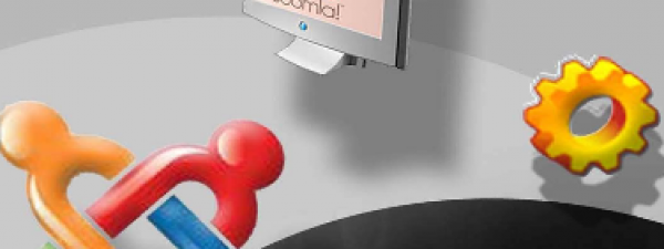 portada del libro, logotipo de Joomla junto con el dibujo de una tuerca u una pantalla de ordenador