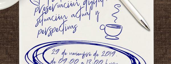 Imagen de un café junto con una nota en la que se puede ver el título de la jornada y la fecha de celebración