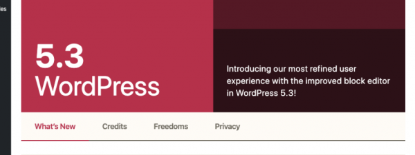 pantalla de administración de WordPress con la presentación de la versión 5.3