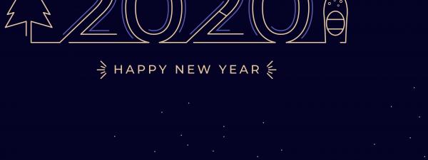 número 2020 acompañado del dibujo de motivos navideños sobre fondo azul y el textp "Happy New Year"