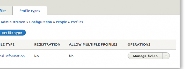 Página de administración del módulo contribuido de Drupal "Profile"