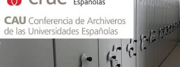 Imagen de un archivo con el texto y logo de la Conferencia de Archiveros de las Universidades Españolas (CAU)