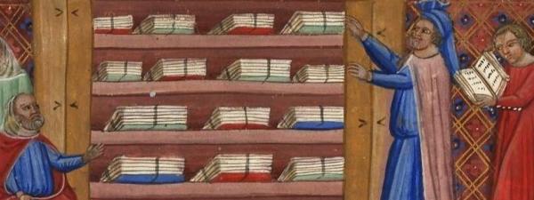 Ilustración de un libro medieval en el que se puede ver una biblioteca con manuscritos
