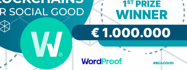 Cartel en el que se anuncia la adjudicación del premio a WordProof