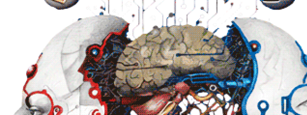 Ilustración de un árbol con un cerebro en la copa y dos caras a sus lados