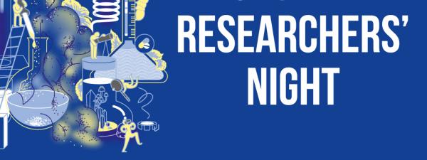 Sobre fondo azul ilustración con varios objetos de laboratorio, el logotipo de la Unión Europea y el texto "European Researchers' Night