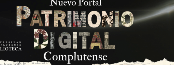 Sobre fondo negro "Nuevo Portal del Patrimonio Digital Complutense" y el logo de la Universidad Complutense de Madrid
