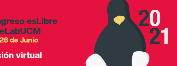 Sobre fondo rojo, dibujo de un pingüino y el texto anunciando el congreso esLibre 2021