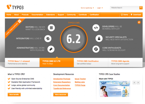 características de typo3 6.2 en la web del momento