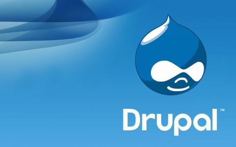 fondo azul con el logotipo de Drupal en el frente