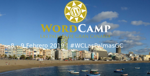 imagen de una playa de Gran Canaria con el texto de la WordCamp