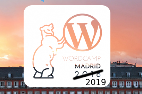 front pagede wordcamp madrid 2018 con el 2018 tachado y el texto 2019 al lado