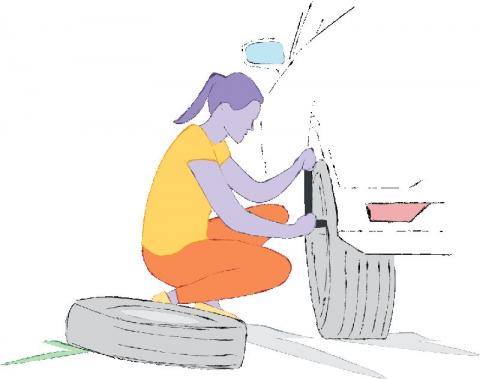 dibujo de una mujer cambiando una rueda