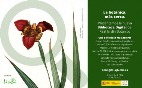 imagen de una flor junto al texto anunciando el lanzamiento de la nueva biblioteca digital del real jardín botánico