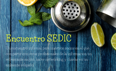 sobre una mesa de madera azul, limones y un exprimidor junto con el texto de "Encuentro SEDIC"