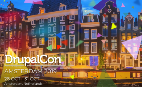 una imagen de las casas típicas de Amsterdam junto con el texto de la DrupalCon y la fecha de celebración
