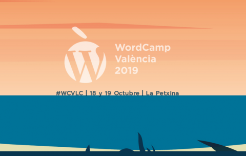 frontpage de la web del evento en el que se muestra el logo de wordpress y de fondo un dibujo del mar