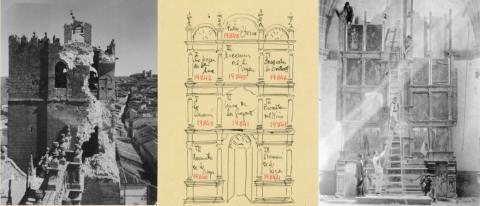 fotografías antiguas de la construcción de una catedral y el boceto a mano donde está diseñada
