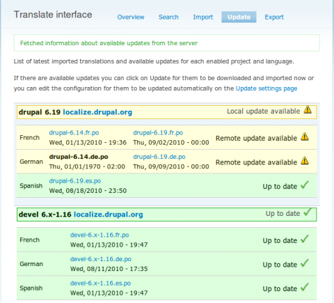 panel de administración del módulo contribuido de Drupal Localization Update