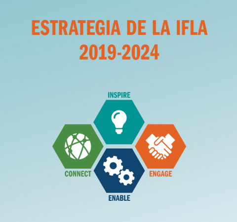título del informe junto a cuatro ilustraciones que representan cada uno de los ejes estratégicos de la IFLA