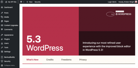 pantalla de administración de WordPress con la presentación de la versión 5.3