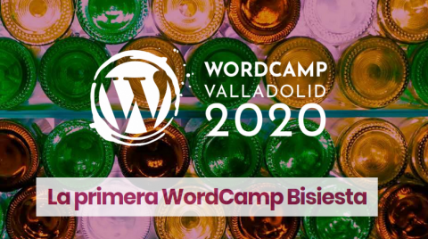 Texto "WordCamp Valladolid 2020" y de imagen de fondo una grupo de botellas de colores vacías en un estante