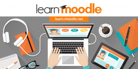 Ilustración de unas manos tecleando en un ordenador junto al texto "Learn Moodle"