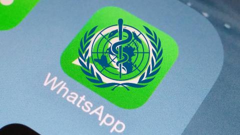 Imagen de un icono de un dispositvo móvil de la OMS y el texto "WhatsApp"