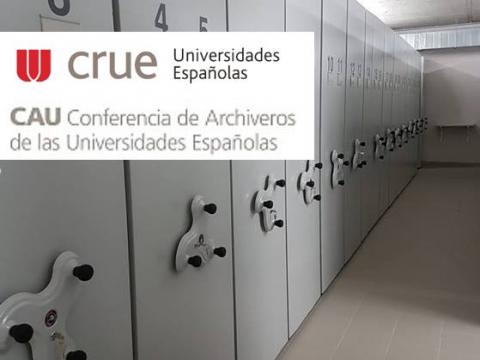 Imagen de un archivo con el texto y logo de la Conferencia de Archiveros de las Universidades Españolas (CAU)