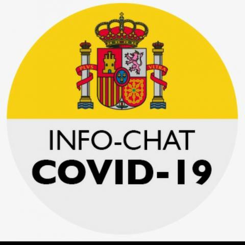 Emblema del estado español junto al texto "Info-Chat COVID-19"