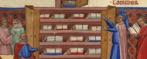 Ilustración de un libro medieval en el que se puede ver una biblioteca con manuscritos