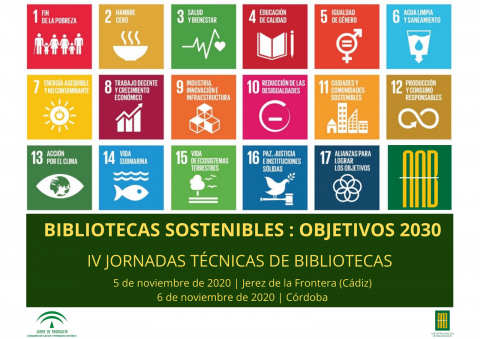 Cartel de las IV Jornadas Técnicas de Bibliotecas en el que aparecen los Objetivo de desarrollo sostenible para el 2030