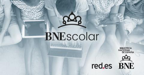 logotipo de BNEscolar y de fondo unos niños sentados con un ordenador y una tablet apoyadas en sus piernas