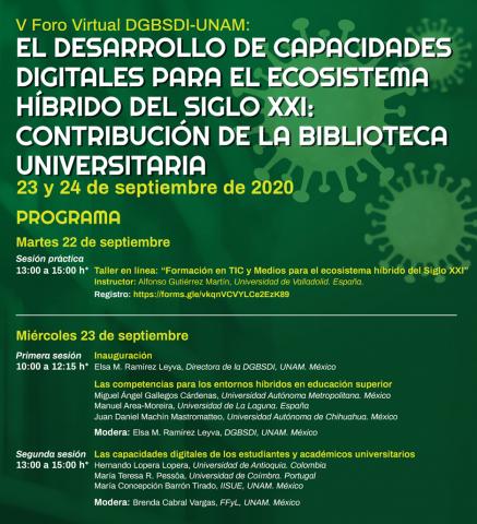 Cartel en el que se anuncia el V Foro Virtual DGBSDI-UNAM con el programa del mismo