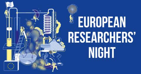 Sobre fondo azul ilustración con varios objetos de laboratorio, el logotipo de la Unión Europea y el texto "European Researchers' Night