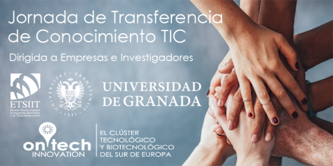 Imagen de varias manos una encima de otra junto con el texto de la Jornada de Transferencia de Conocimiento TIC