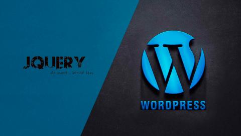 logotipo de wordpress en fondo negro junto al de JQuery sobre fondo azul