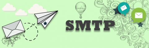 Dibujo en el que aparece un sobre del que sale un avión de papel a modo de mensaje junto al texto SMTP