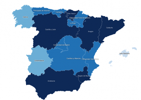 Mapa de España con las Comunidades Autónomas en tonos azules