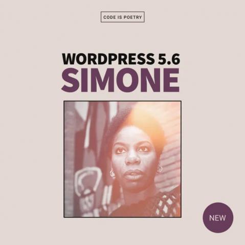 Texto "WordPress 5.6 Simone junto con una imagen de la cantante Nina Simone