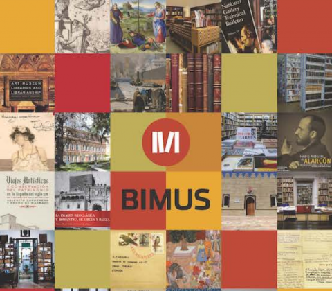 Collage de varias imágenes de obras relacionadas con los museos y en el centro el texto BIMUS (Red de Bibliotecas de Museos)