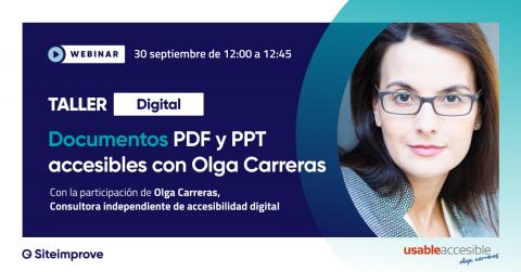 Cartel en el que se anuncia el Seminario Web y una imagen de Olga Carreras, quien imparte el seminario