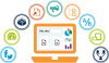 pantalla de un ordenado construyendo un sitio web junto a iconos de distintas funcionalidades